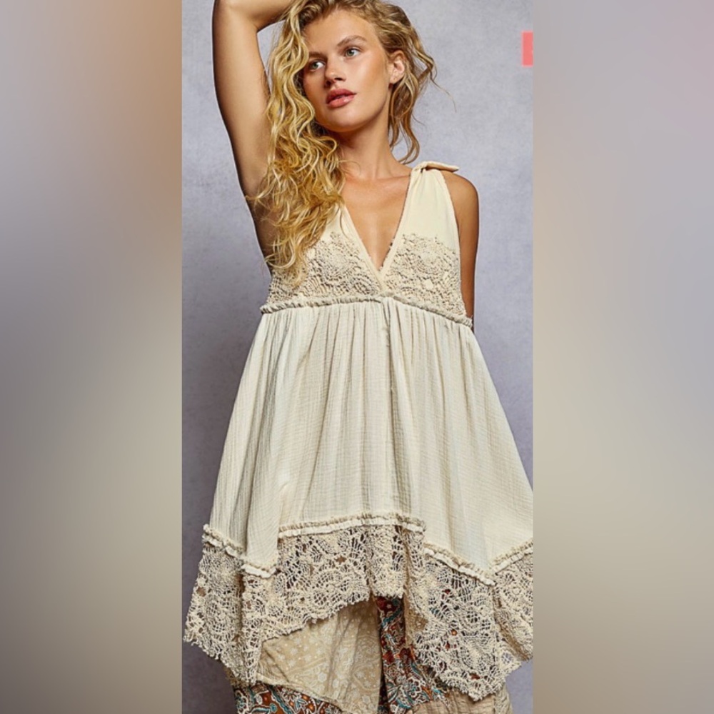 Boho Lace-Trim Cream Crochet Sleeveless Tunic